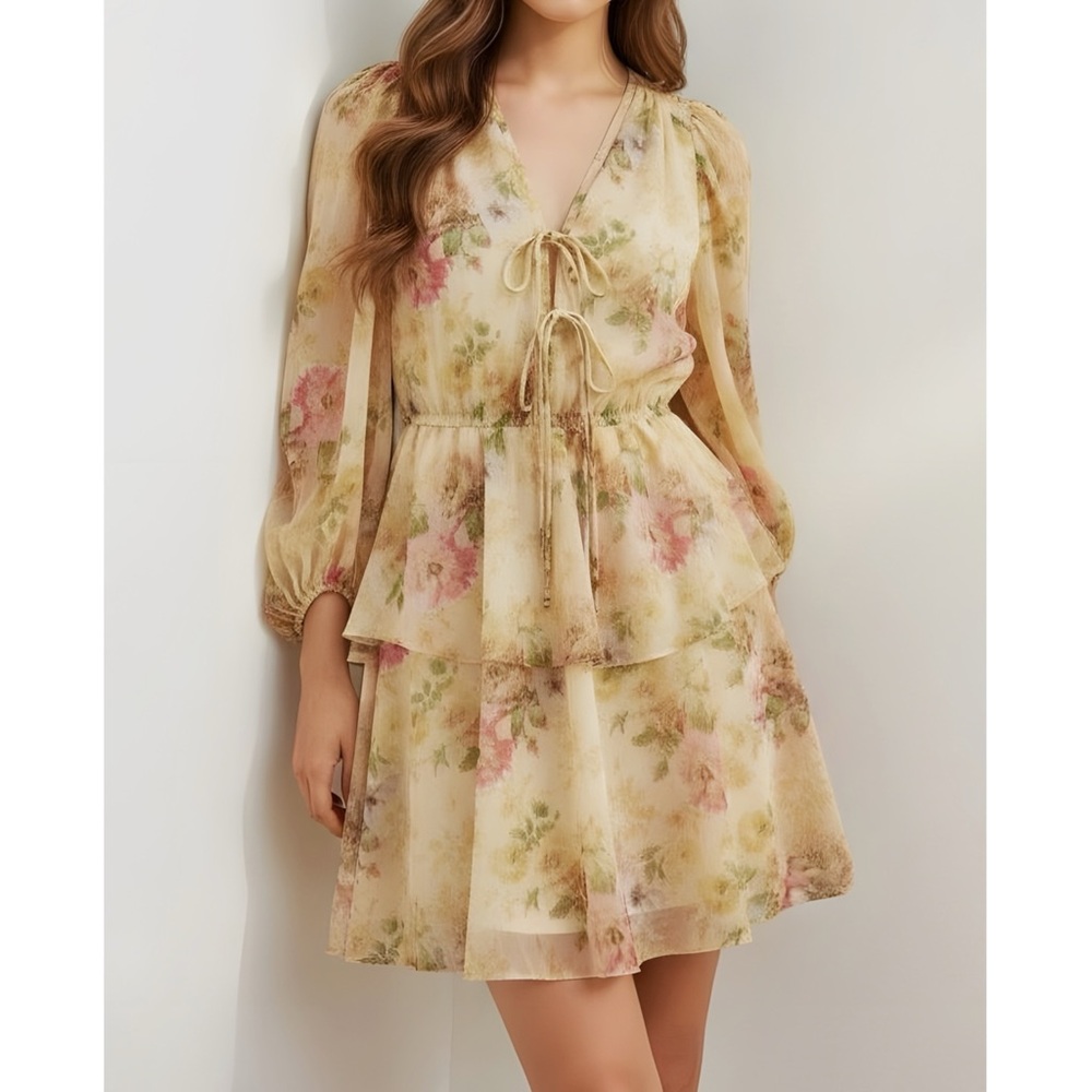 TED BAKER Tamziiy V-Neck Tie Front Mini Dress, Yellow, 2/Medium